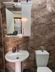 uma casa de banho com um lavatório, um WC e um espelho. em LÎLAV Home Taksim 1 em Istambul