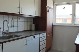 uma cozinha com armários brancos, um lavatório e uma janela em Joey nest em Gentofte