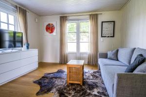 a living room with a couch and a tv at Exclusive tranquil villa by the sea, boat available in Drottningskär
