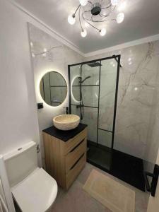a bathroom with a sink and a toilet and a mirror at Studio avec terrasse au centre de Saint-Tropez in Saint-Tropez