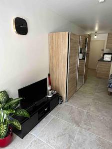 a living room with a flat screen tv and a kitchen at Studio avec terrasse au centre de Saint-Tropez in Saint-Tropez