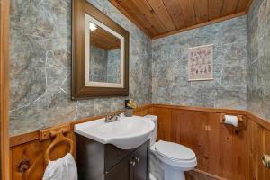 ein Badezimmer mit einem Waschbecken, einem WC und einem Spiegel in der Unterkunft Dog friendly Family home at Lake Winnipesaukee & Gunstock in Gilford