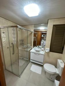 a bathroom with a shower and a toilet and a sink at Apartamento executivo in Florianópolis