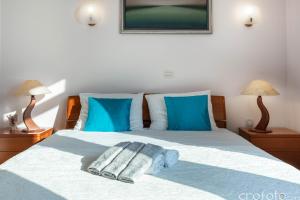 een slaapkamer met een bed met blauwe kussens bij Villa Niko in Kožino