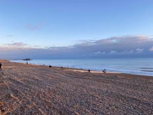 a group of people walking on a beach at Salt Life Modern Apartment in Brighton & Hove