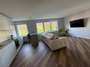 a living room with a couch and a kitchen at Sun apartment in Jūrmala