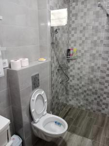 Un baño con ducha y un inodoro con la tapa levantada. en Panorama 17, en Vrnjačka Banja