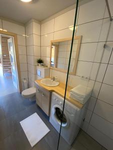 a bathroom with a washing machine and a sink at PrzyStań w Gorcach in Konina