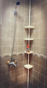La salle de bains est pourvue d'une douche avec étagères et d'un lavabo. dans l'établissement شاليه على البحر UAE, Abu Dhabi, à Baţīn
