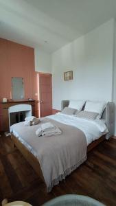 ein Schlafzimmer mit einem großen Bett und einem Kamin in der Unterkunft Domaine de Beaucamp in Châtelraould-Saint-Louvent