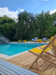 einen Pool mit einem Stuhl und einem Pool in der Unterkunft Domaine de Beaucamp in Châtelraould-Saint-Louvent