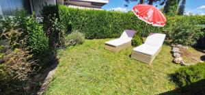 two chairs and an umbrella next to a yard at Maison des pilotes in Geneva