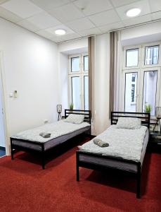 two beds in a room with windows and red carpet at Noclegi Wałbrzych Centrum in Wałbrzych