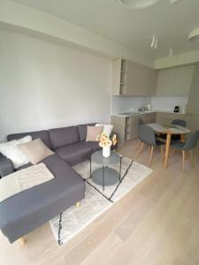 uma sala de estar com um sofá e uma mesa em Apartment-Pine Forest Birštonas em Birstonas