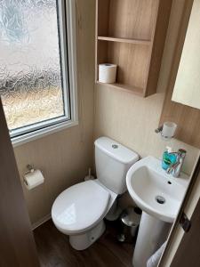a small bathroom with a toilet and a sink at Sea Breeze Cabin in Poole