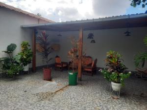 eine Terrasse mit Topfpflanzen sowie einem Tisch und Stühlen in der Unterkunft Casa Grande in Iquitos