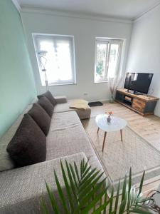 a living room with a couch and a table at Ferienwohnung Villa Einetal in Aschersleben