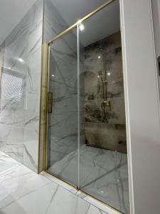a shower with a glass door in a room at Na Jeziornej Domki Wypoczynkowe in Żarnowska