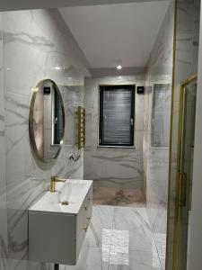 a bathroom with a sink and a mirror and a shower at Na Jeziornej Domki Wypoczynkowe in Żarnowska