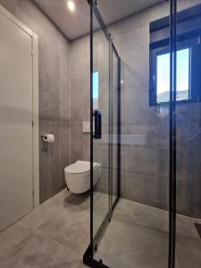 une salle de bain avec toilettes et douche en verre dans l'établissement MA Apartments, à Senj 30 autres photos