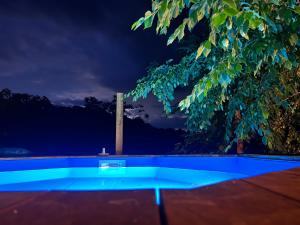 ein Schwimmbad in der Nacht mit einem Baum in der Unterkunft Paradis pour deux, pierres, piscine, Cinque Terre in Riccò del Golfo di Spezia