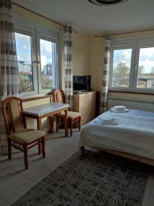 a bedroom with a bed and a table and chairs at FitoSfera Inez in Jastarnia
