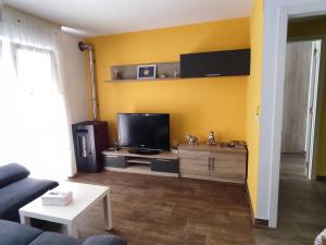 sala de estar con TV de pantalla plana y sofá en RO Apartamentos Pampin Ponte Do Porto, en A Ponte do Porto