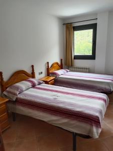 two beds in a room with a window at Fran flats in Rialp