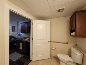 La salle de bains est pourvue de toilettes et d'un lavabo. dans l'établissement Fabulous Stay at the Historic Inman, à Champaign