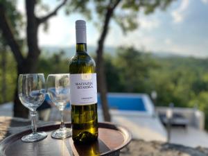 een fles wijn op tafel met twee glazen bij Holiday House Dunamis in Krivodol