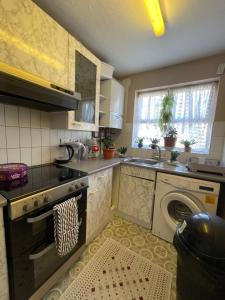 eine Küche mit einer Waschmaschine und einem Geschirrspüler in der Unterkunft Dream Room in London