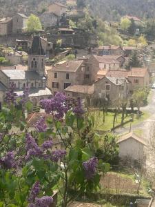 a village with purple flowers and a church at Le Cocon in Verrières