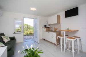 a kitchen and living room with a couch and a table at Mati in Labin +12 photos