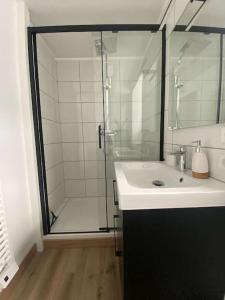 uma casa de banho com um chuveiro, um lavatório e um chuveiro em L'Authentique - Terrasse - MyraConciergerie em Nay