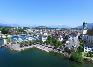 Vue aérienne d'une ville avec une masse d'eau dans l'établissement Dorf Hotel "Zuhause in Lachen", à Lachen