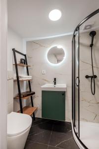 格但斯克的住宿－Centro DownTown Apartment，浴室配有卫生间、盥洗盆和淋浴。