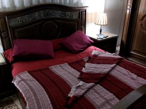 Bett mit einer roten Bettdecke und lila Kissen in der Unterkunft Safe House in Kairo