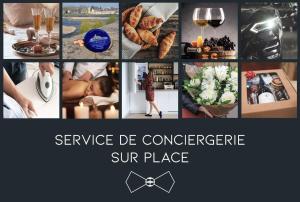 a collage of pictures of food and wine at "Le Général" Appartement prestige proche gare, haut-de-gamme, avec billard et parking privé, by PRIMO C0NCIERGERIE in Nevers