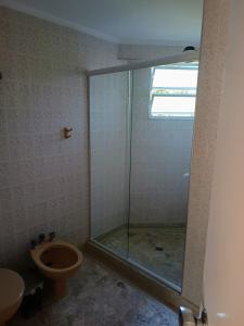 La salle de bains est pourvue d'une cabine de douche et de toilettes. dans l'établissement Apartamento Edifício Arpoador (Praias Asturias-Tombo), à Guarujá