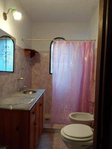 ein Badezimmer mit einem rosa Duschvorhang und einem WC in der Unterkunft Cabaña Los Lirios in Huerta Grande