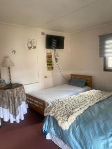1 Schlafzimmer mit 2 Betten und einem TV an der Wand in der Unterkunft HOSTAL AONKEN in Coihaique