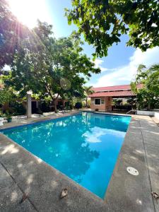 ココにあるMariposa End Unit Loftの木々が茂る青いスイミングプール