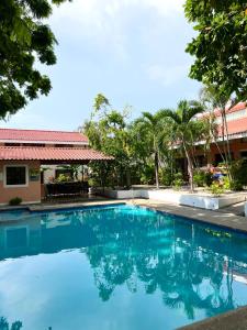 ココにあるMariposa End Unit Loftのヤシの木が茂る家の前のスイミングプール