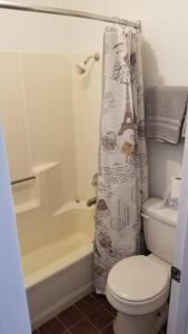 a bathroom with a toilet and a shower curtain at OSU 2 Queen Beds Hotel Room 133 Hot Tub Booking in Stillwater