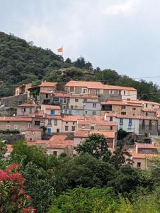 un grupo de casas en una colina con una bandera en Petite maison de village, en Ria