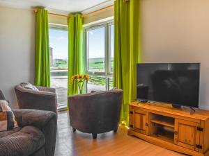 a living room with green curtains and a flat screen tv at Little Glengyre Farm in Kirkcolm