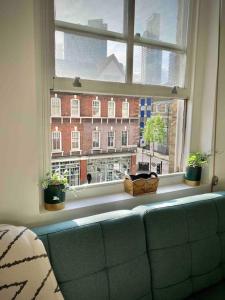 ein Fenster mit Topfpflanzen auf einer Couch in einem Zimmer in der Unterkunft Shoreditch Loft in London