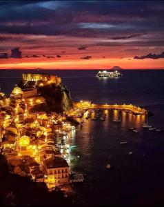 a city lit up at night with boats in the water at Appartamenti Scilla Paese Albergo in Scilla