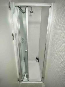 La salle de bains est pourvue d'une douche avec une porte en verre. dans l'établissement Shoreditch Loft, à Londres