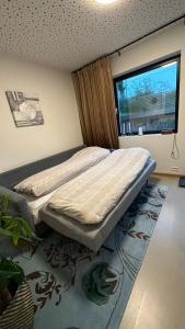 a bedroom with a bed and a window and a rug at Modern and comfortable apartment in attractive neighborhood in Stavanger